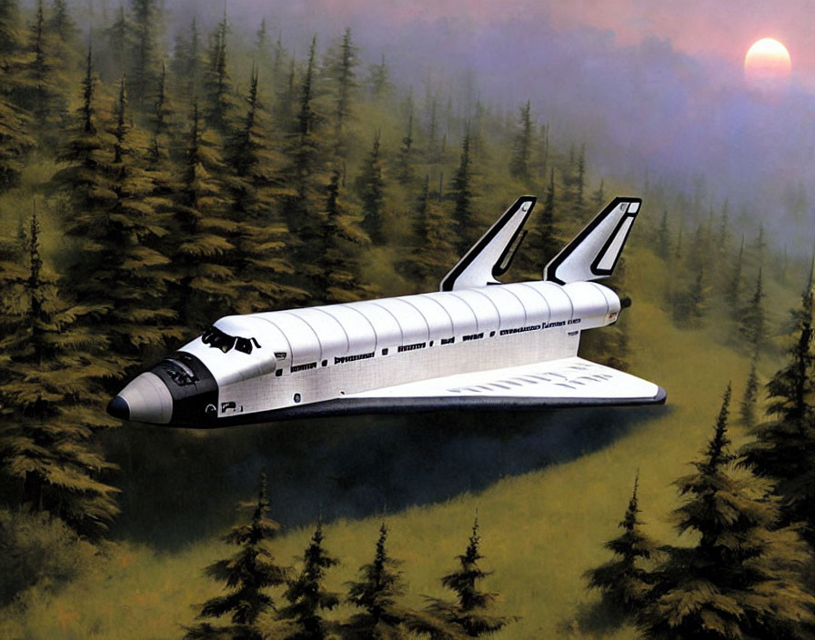 Space shuttle lands in forest clearing with trees and hazy red sun