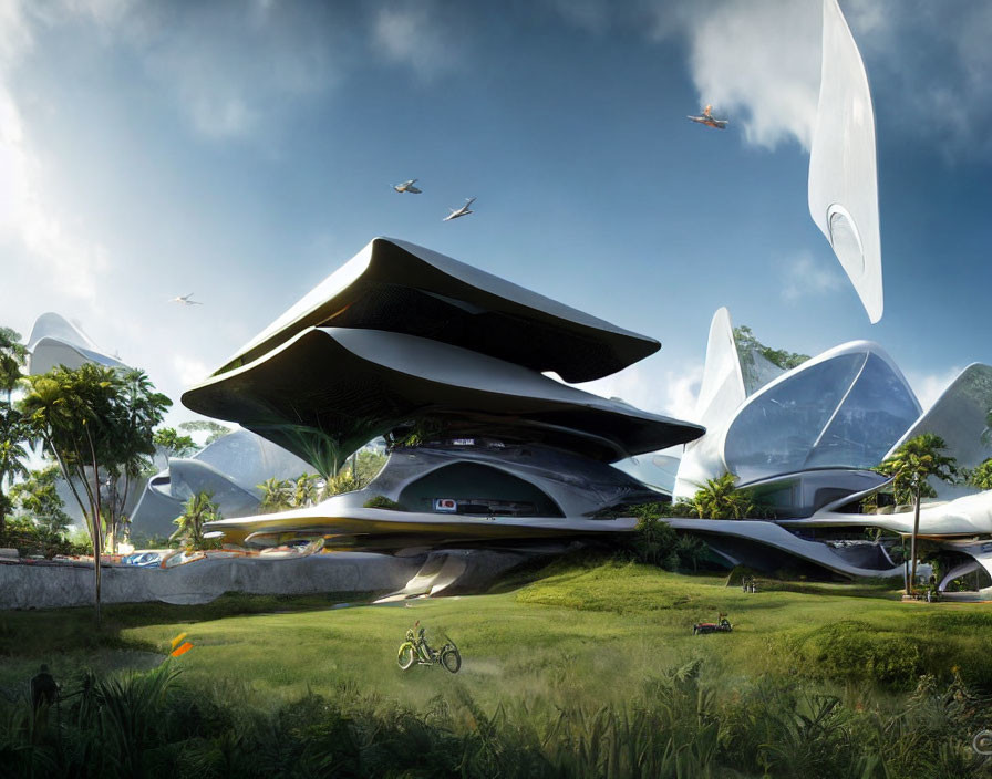 Futuristic organic architecture in lush greenery with flying vehicles and person on bike