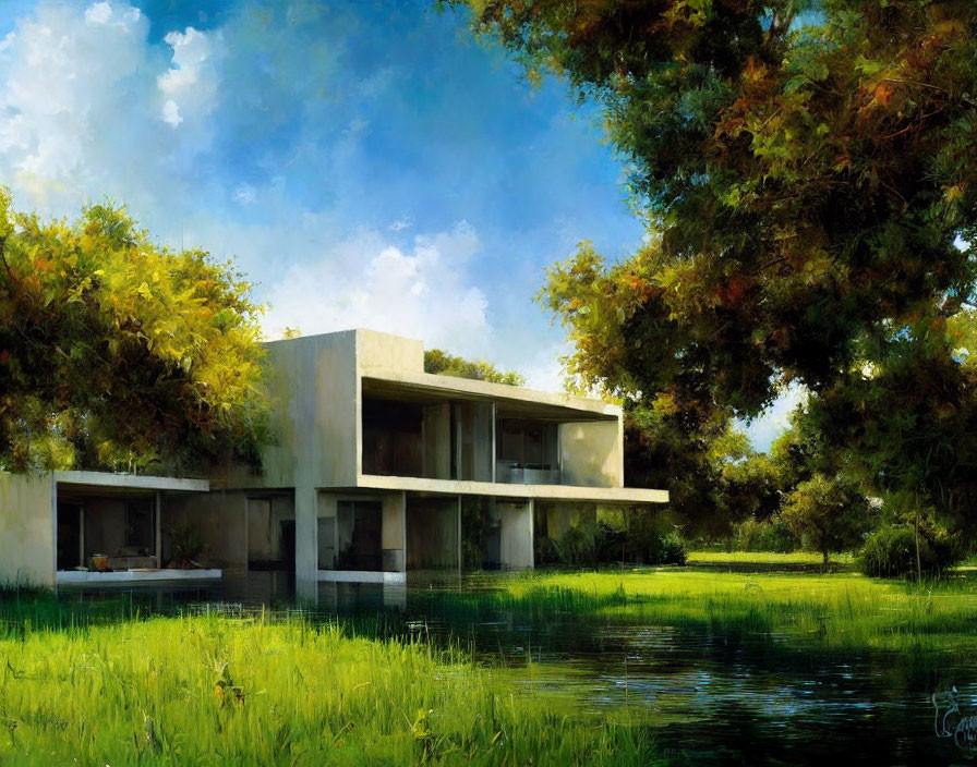 Tranquil painting of modern house surrounded by trees and pond