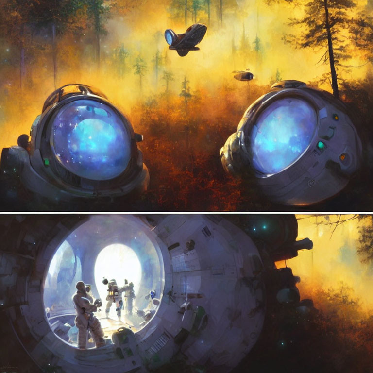 Futuristic forest scenes with glowing helmets and astronauts