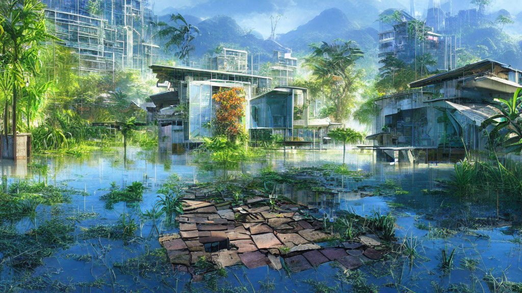 Futuristic cityscape with greenery and submerged buildings.