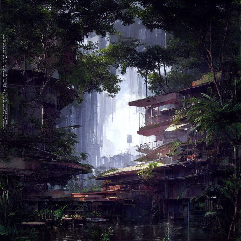 Overgrown futuristic ruins with waterfall, lush greenery, and dilapidated buildings.