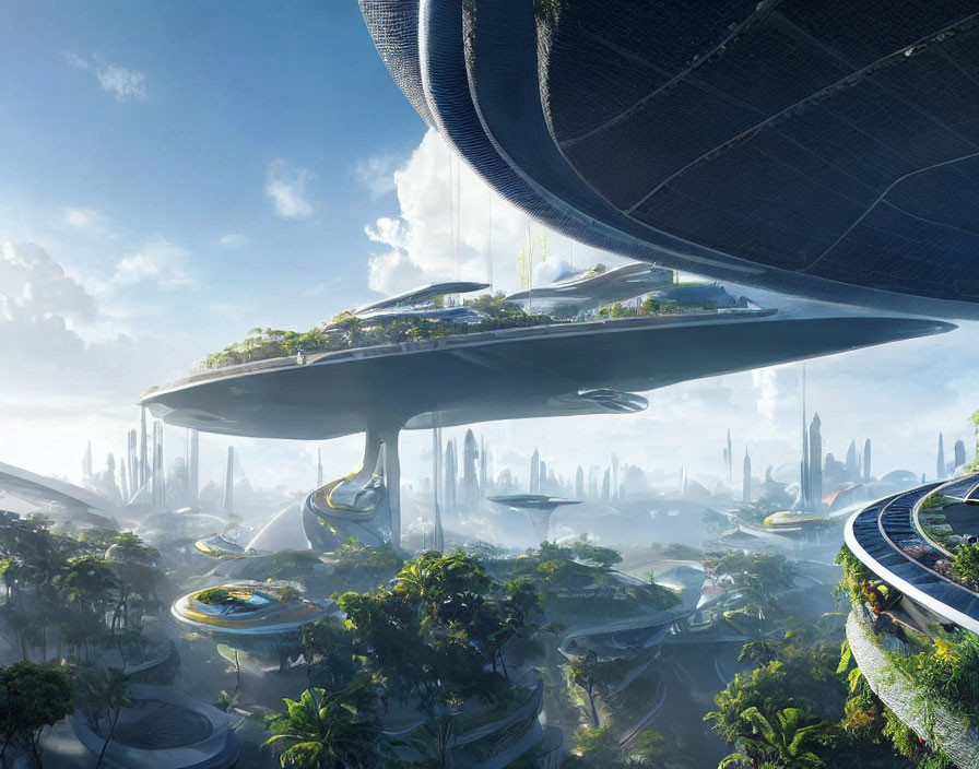 Futuristic cityscape with lush greenery and advanced architecture under clear blue sky