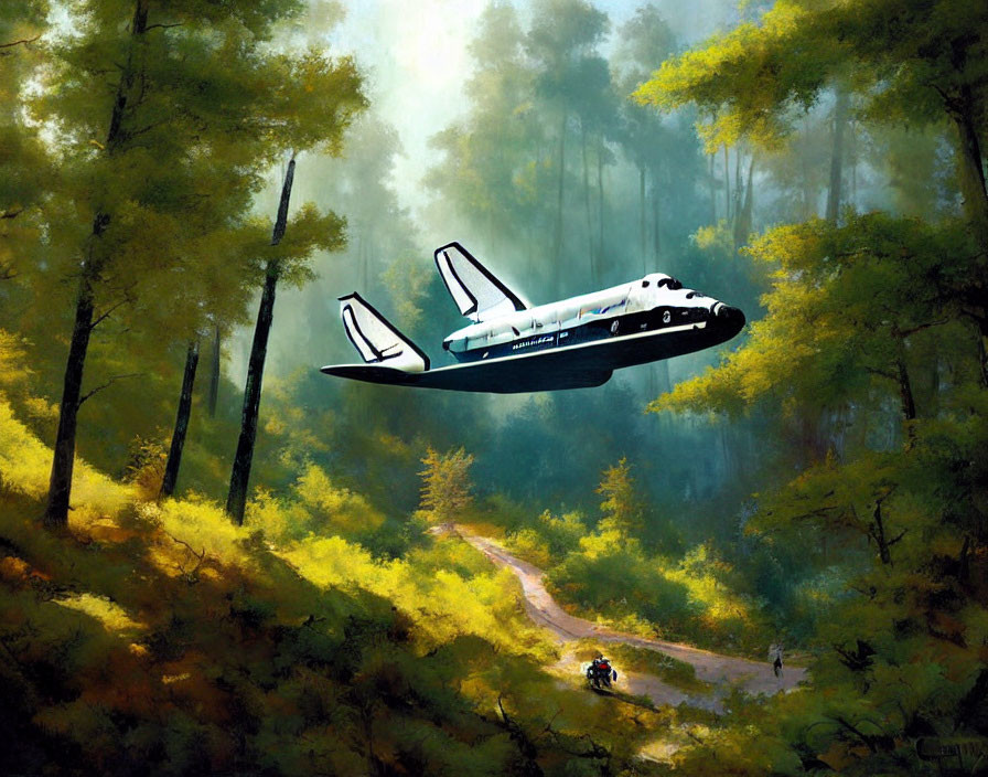 Space shuttle hovers above lush forest trail with two people on bikes.