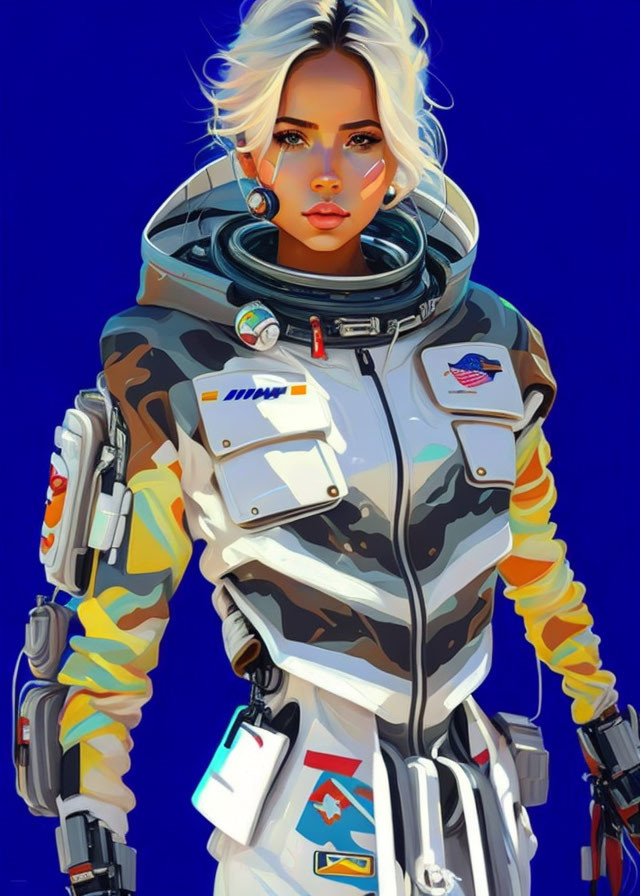 Colorful digital artwork: Woman in futuristic astronaut suit on blue background