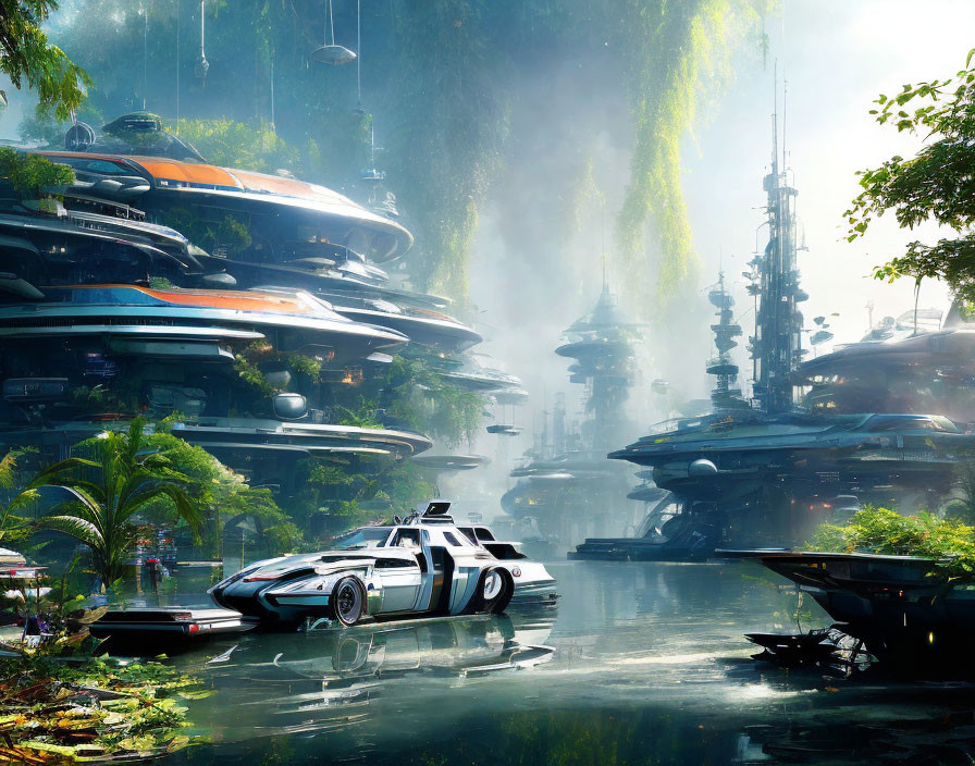 Futuristic cityscape with advanced architecture and hovering vehicles