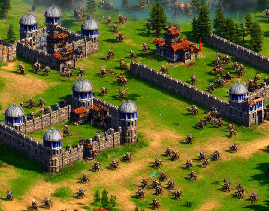 Medieval-themed strategy game with stone walls, guard towers, archers, and cavalry.