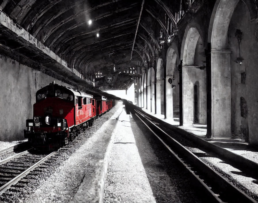 Vintage red train at ornate arched train station in monochromatic setting