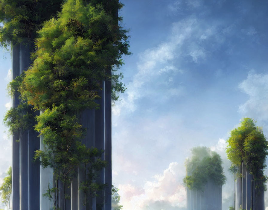 Lush green trees atop tall cylindrical pillars in serene landscape