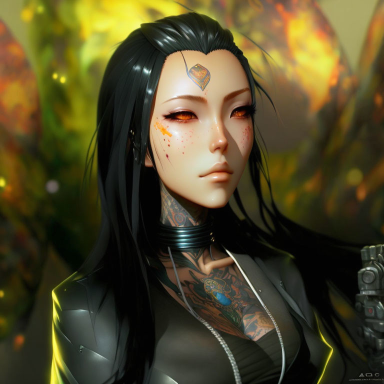 Digital Artwork: Woman with Black Hair, Tattoos, Freckles, and Cybernetic