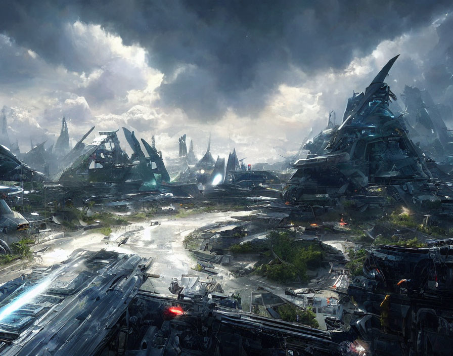 Dystopian Cityscape with Futuristic Vehicles and Stormy Skies