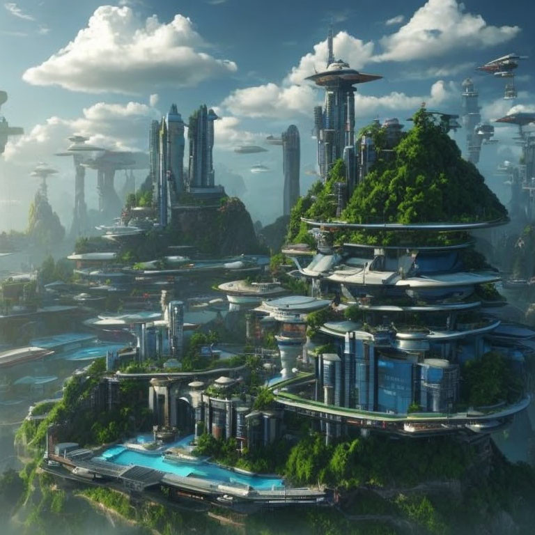 Futuristic cityscape with skyscrapers, greenery, floating structures, and advanced architecture