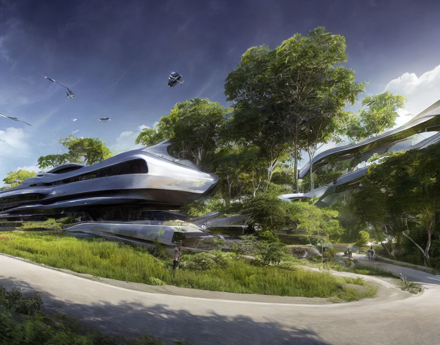 Modern building in green landscape with flying vehicles and people under clear sky