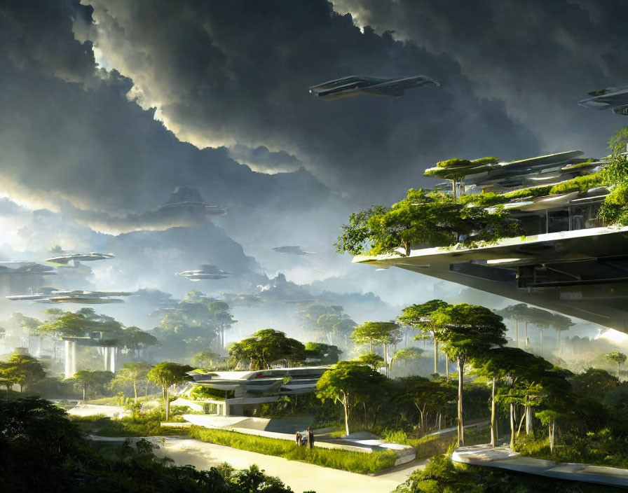 Futuristic cityscape with greenery, advanced architecture, stormy sky, and flying vehicles