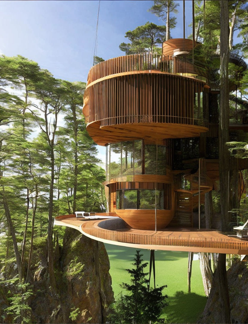 Circular Design Multi-Tiered Wooden Treehouse in Lush Forest