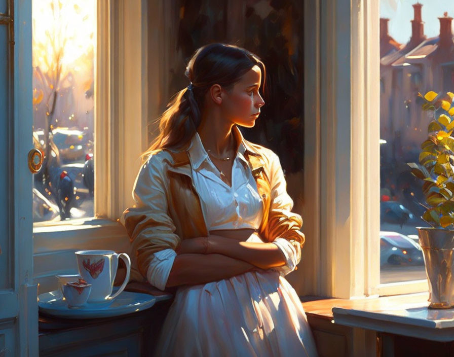 Woman in white blouse looking out window with teacup in sunlight