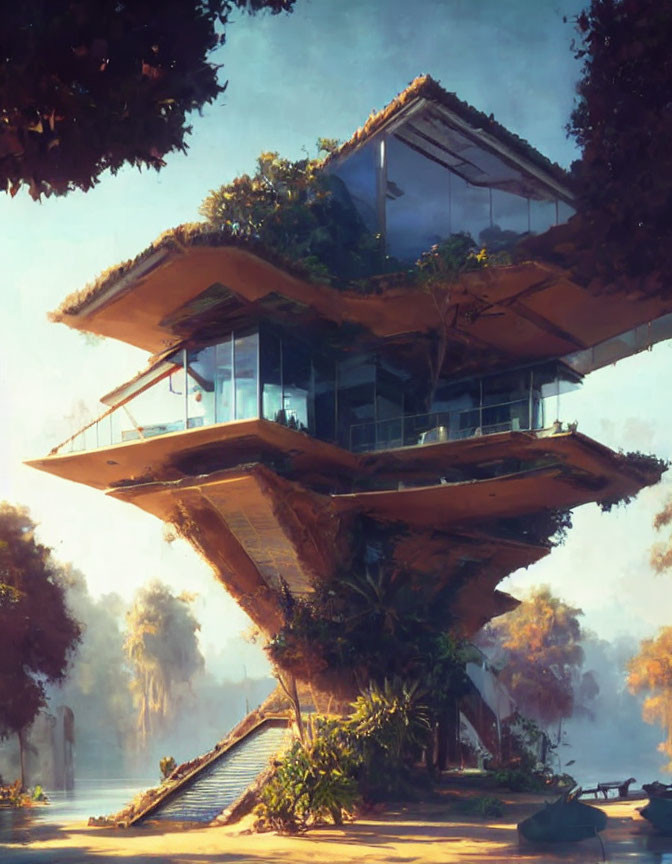 Geometric futuristic treehouse in serene forest setting