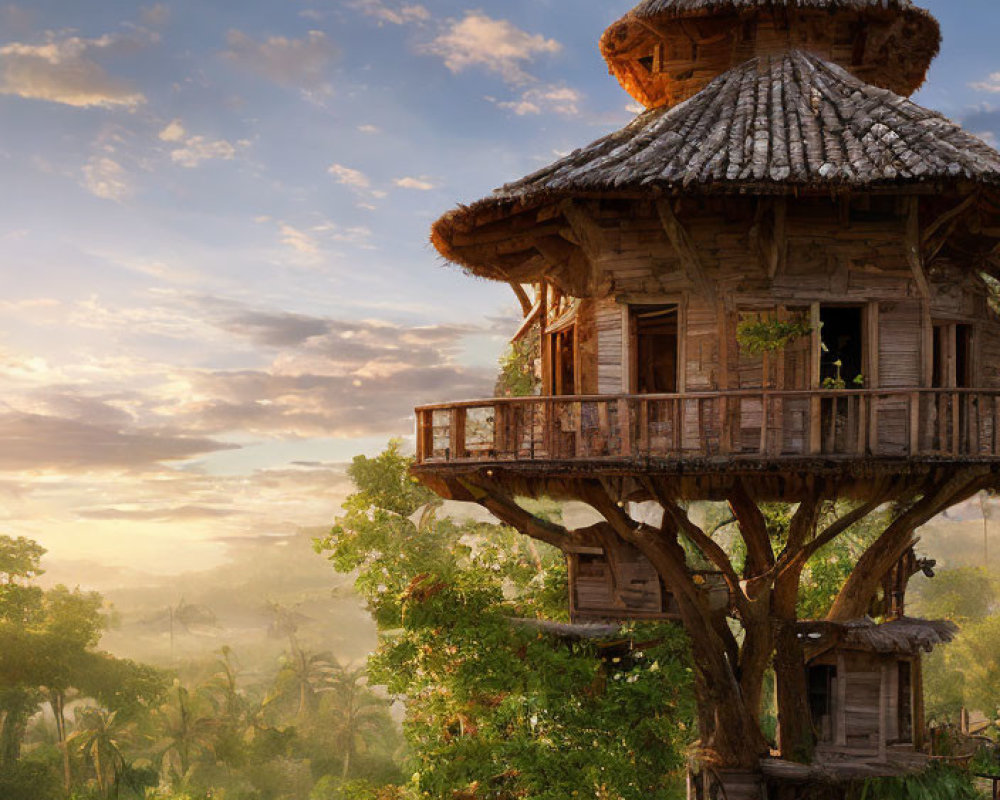 Rustic wooden treehouse with shingled roof in lush greenery at sunrise