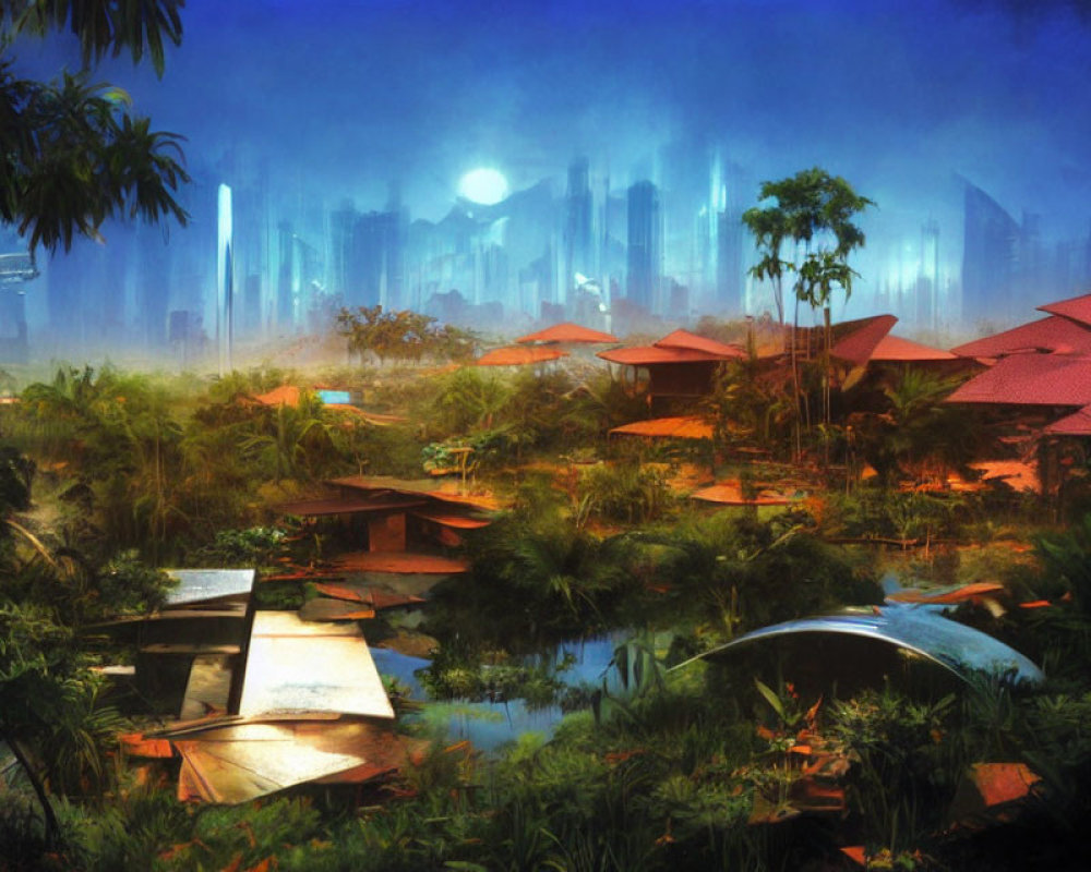 Futuristic cityscape and traditional village contrasted with misty skyscrapers