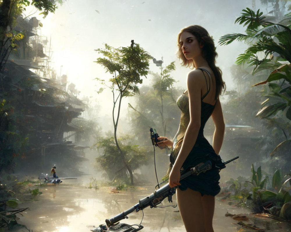 Woman with bow in sunlit jungle ruins