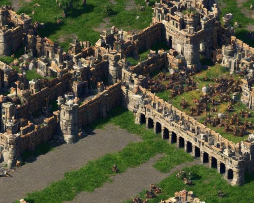 Ancient stone fortress with towers and walls in lush green landscape