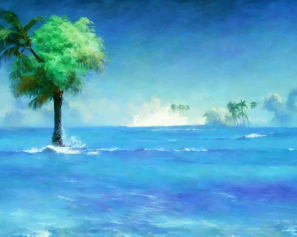 Tranquil seascape with palm tree, ocean waves, and misty island