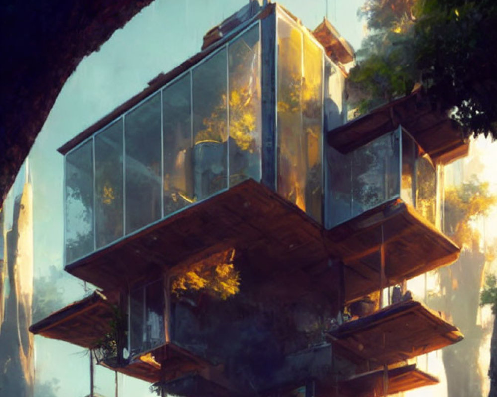 Futuristic glass house on tree in misty forest with soft sunlight.