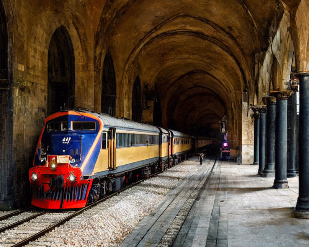 Colorful modern locomotive at grand historic train station