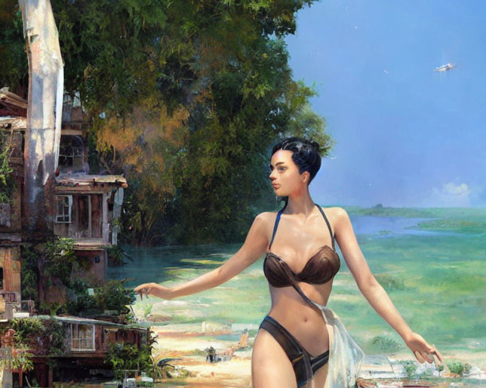 Woman in black swimsuit in post-apocalyptic landscape with dilapidated buildings.