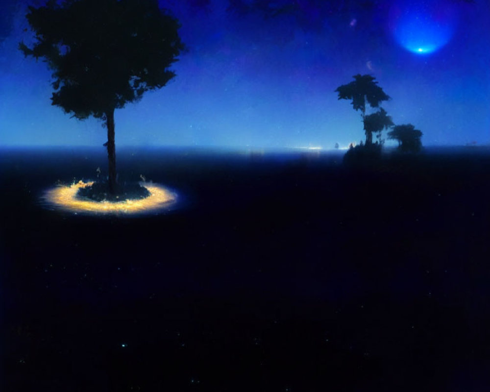 Solitary tree under blue moon and stars in mystical night scene