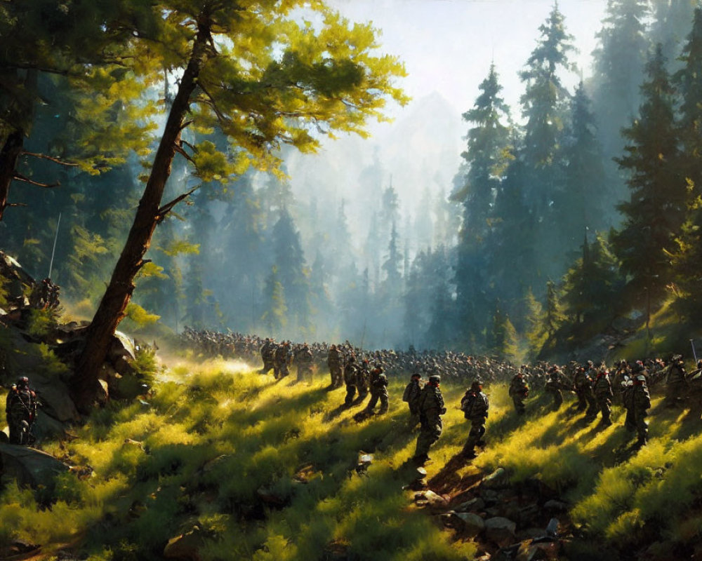 Soldiers marching in sunlit forest clearing