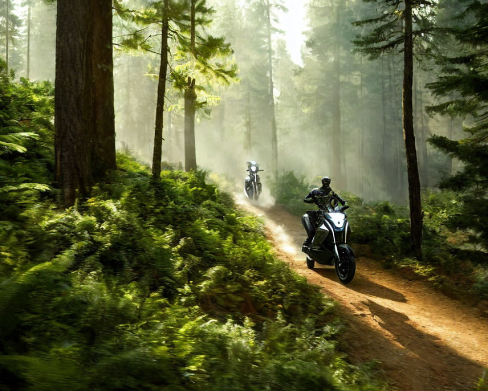 Motorcyclists in sunlit forest on dirt path