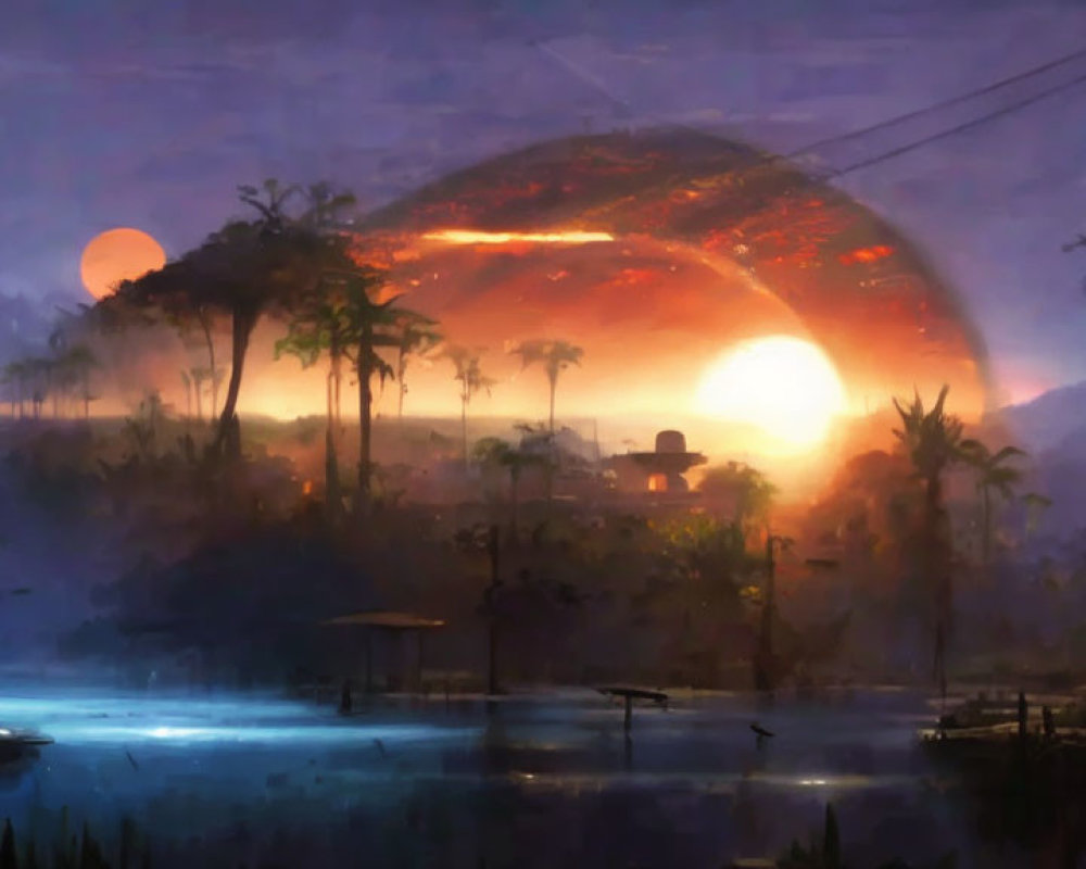 Futuristic dusk landscape with red planet, hovering vehicle, and silhouetted palm trees