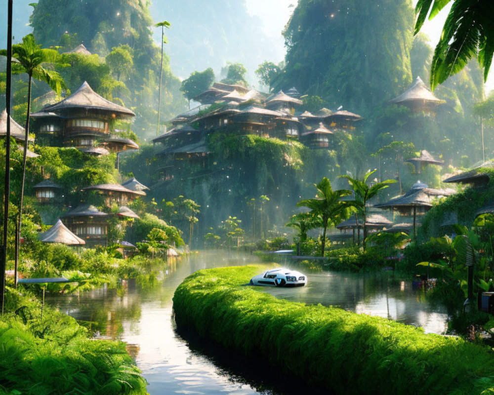 Futuristic Asian-style village in mountainous landscape with modern car and waterways