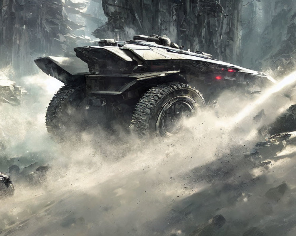 Futuristic armored vehicle with large tires speeding through rocky terrain