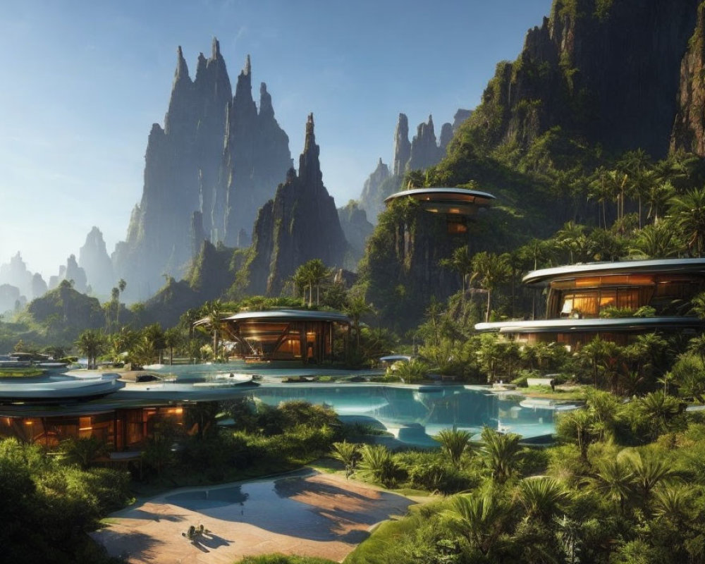 Modern circular buildings in lush jungle valley with towering rocky spires