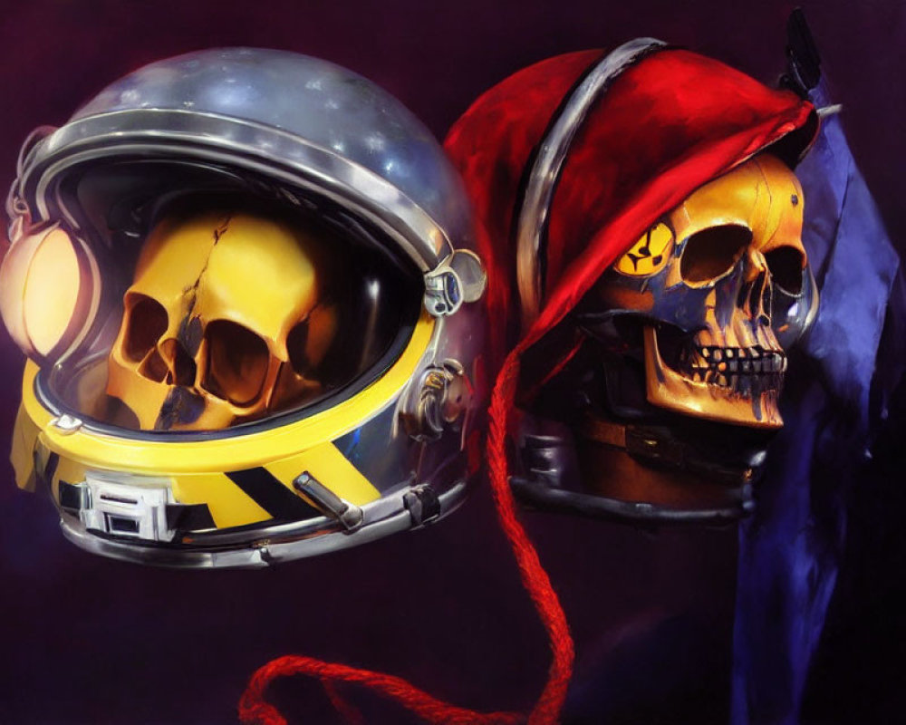 Skulls with astronaut and Santa hats linked by red string on purple background