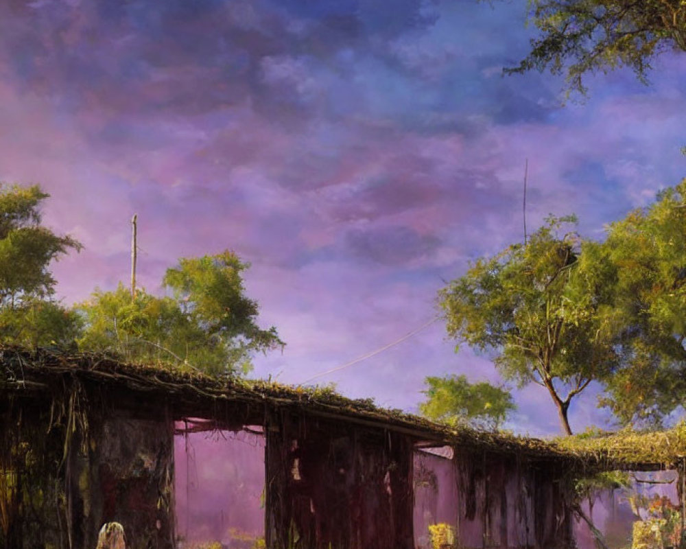 Girl in white dress walking to abandoned building under purple sky