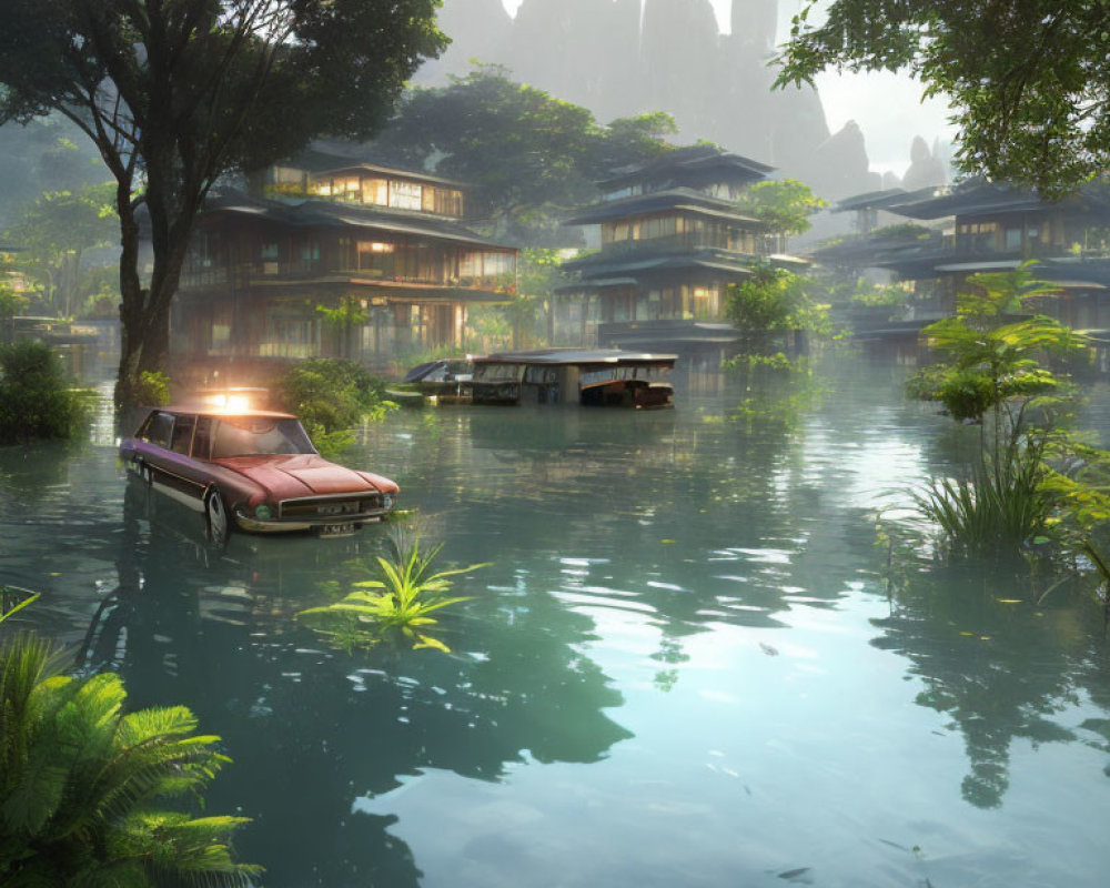 Flooded landscape with greenery, traditional houses, submerged car, and misty mountains