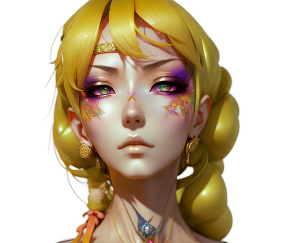 Detailed Illustration of Female with Golden Hair, Colorful Eye Makeup, Star Decals, Earrings