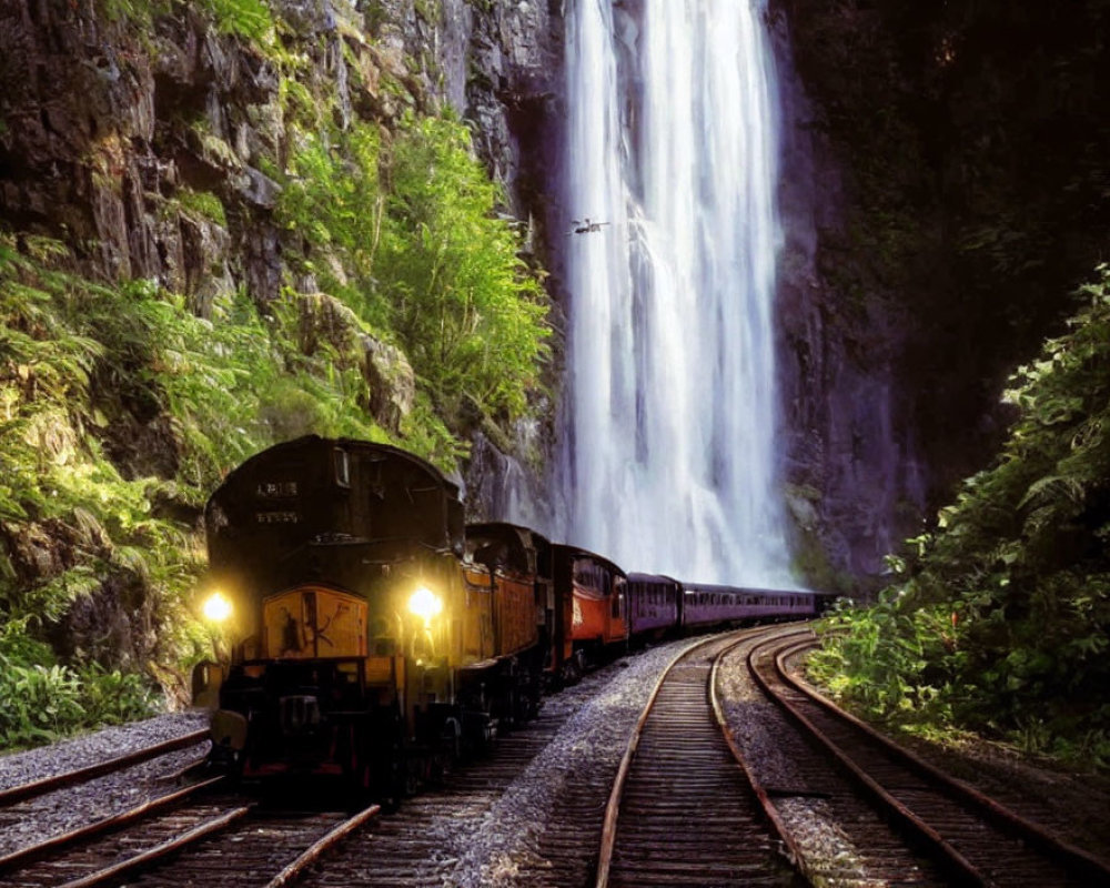 Vintage train near waterfall at dusk with lights on