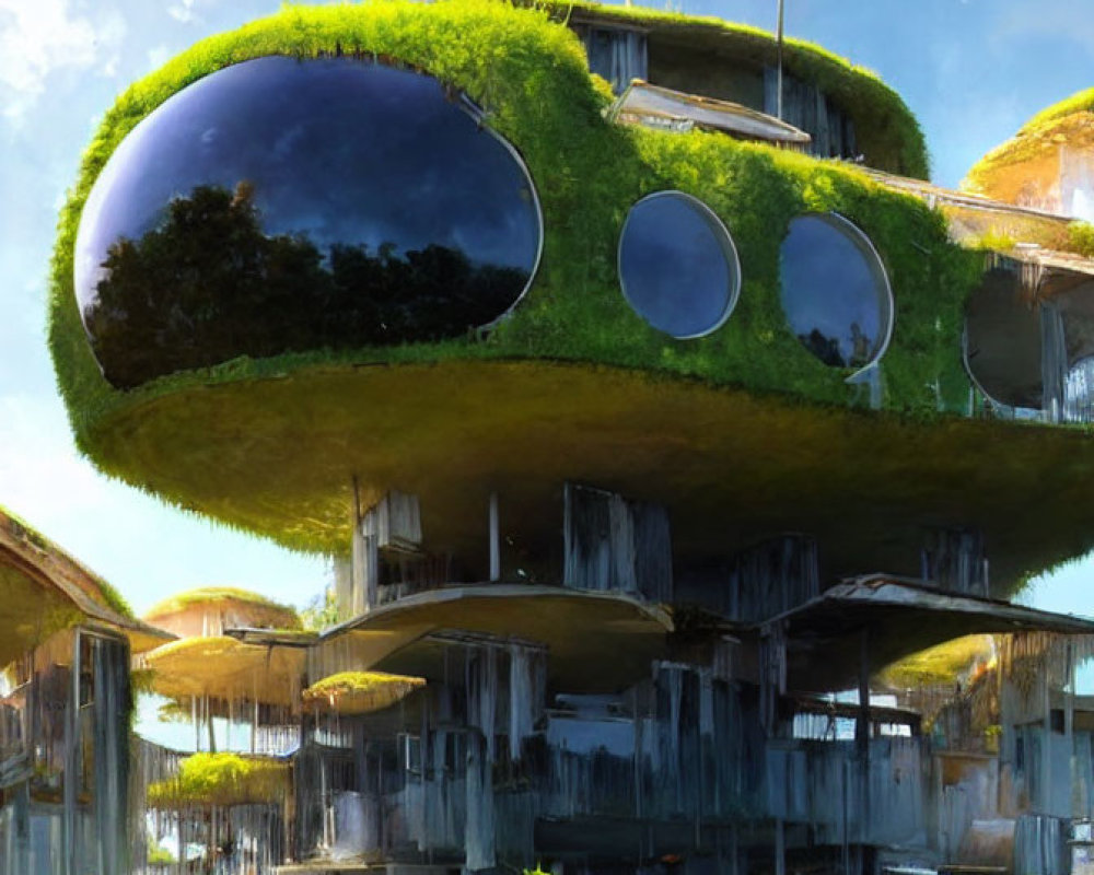 Organic moss-covered futuristic structure with spherical windows in lush green setting