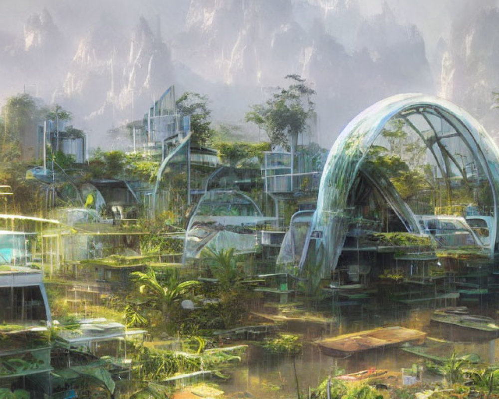 Futuristic cityscape with greenery, advanced structures, and arc-shaped building in misty mountains