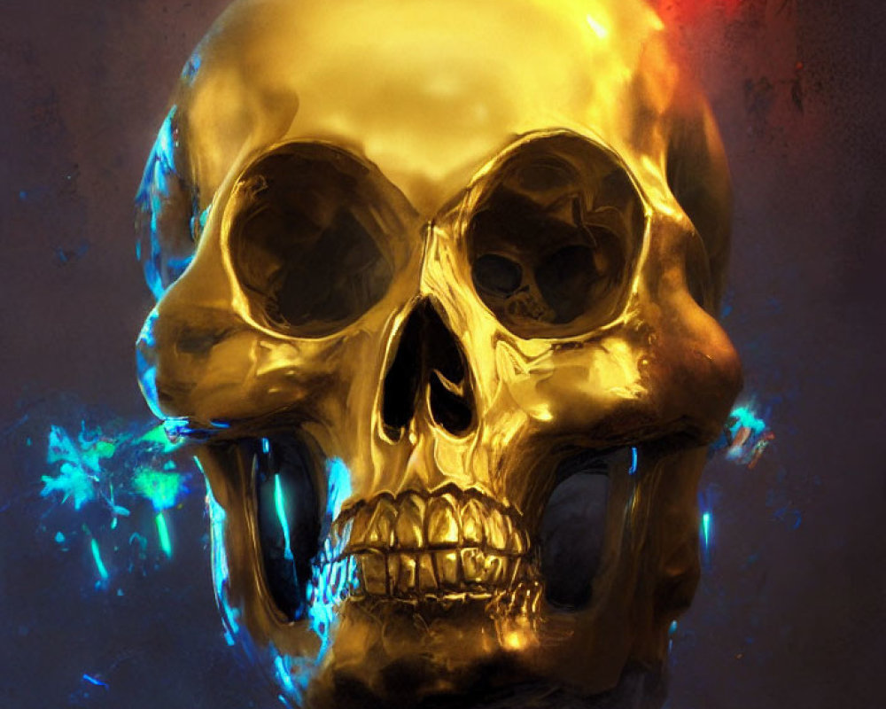 Golden Skull with Reflective Surface under Blue and Red Lighting