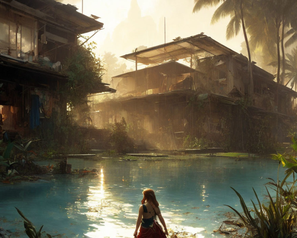 Person near tranquil water in sunlit shantytown with greenery & rustic buildings