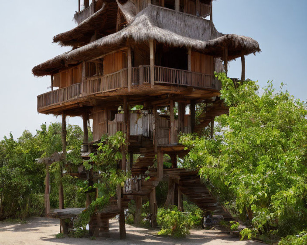 Wooden treehouse with thatched roofs by blue pool in lush greenery