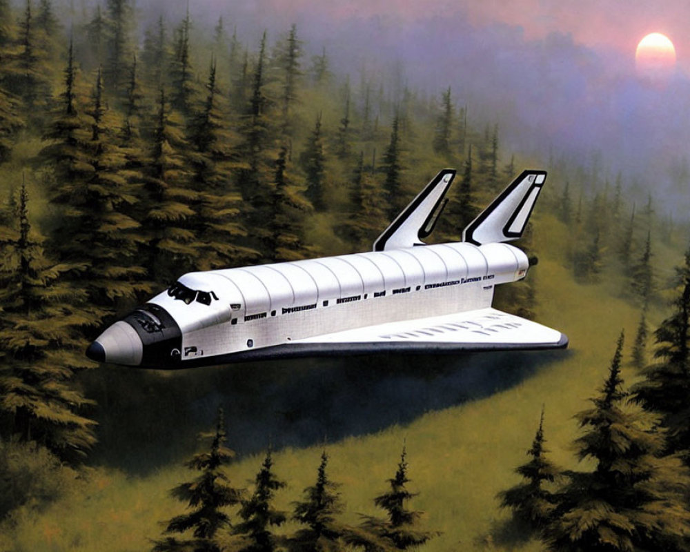 Space shuttle lands in forest clearing with trees and hazy red sun