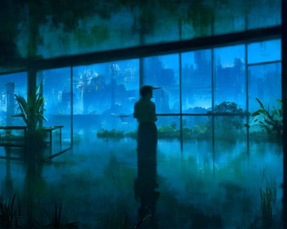 Silhouetted person in flooded room with plants, gazing at nighttime cityscape in blue tones