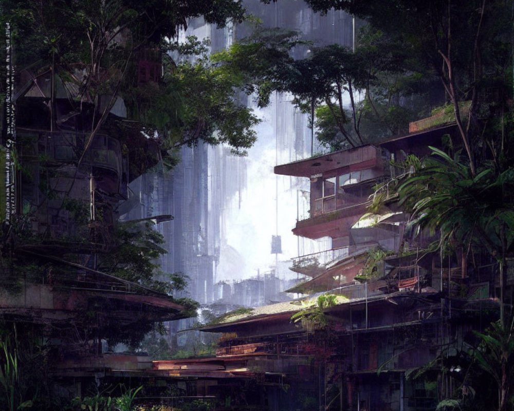 Overgrown futuristic ruins with waterfall, lush greenery, and dilapidated buildings.