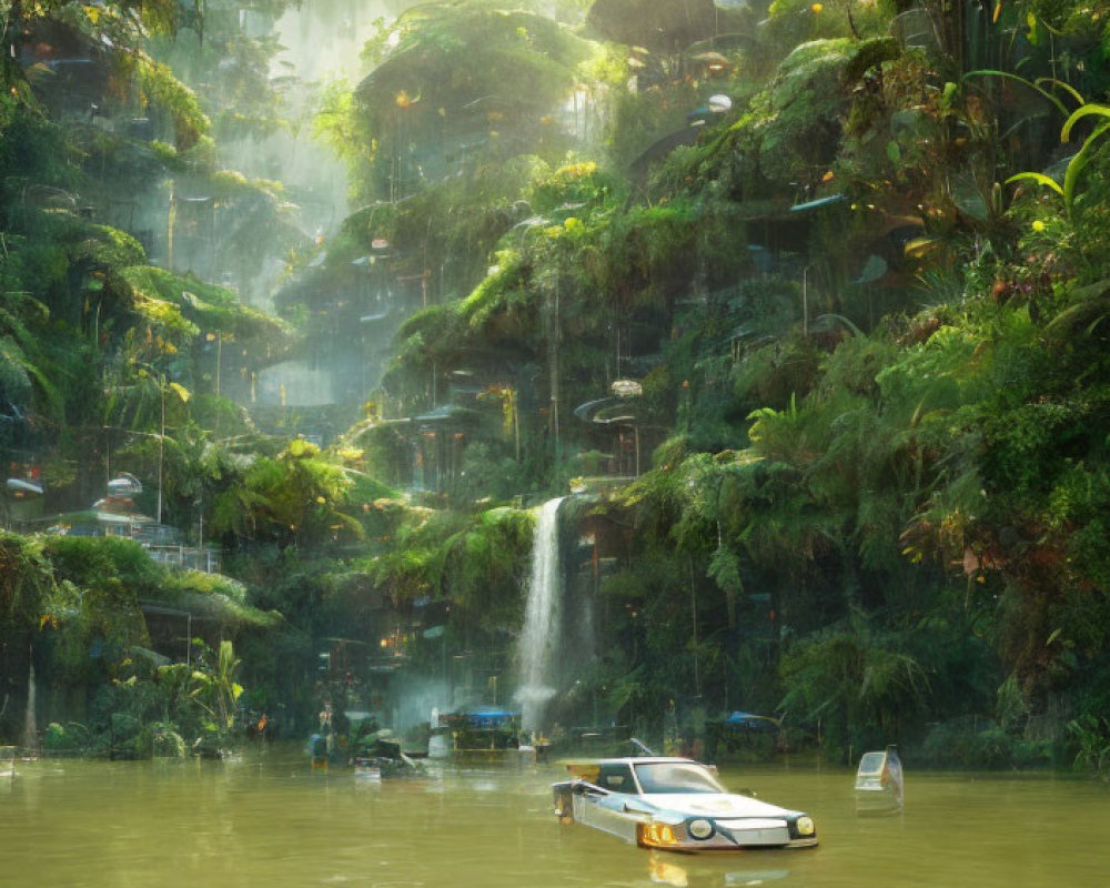 Lush jungle with waterfalls, domed structures, and boat-car in tranquil setting